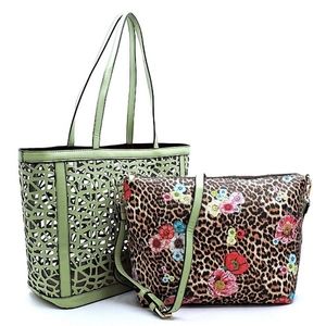 Laser cut tote and leopard print crossbody bag